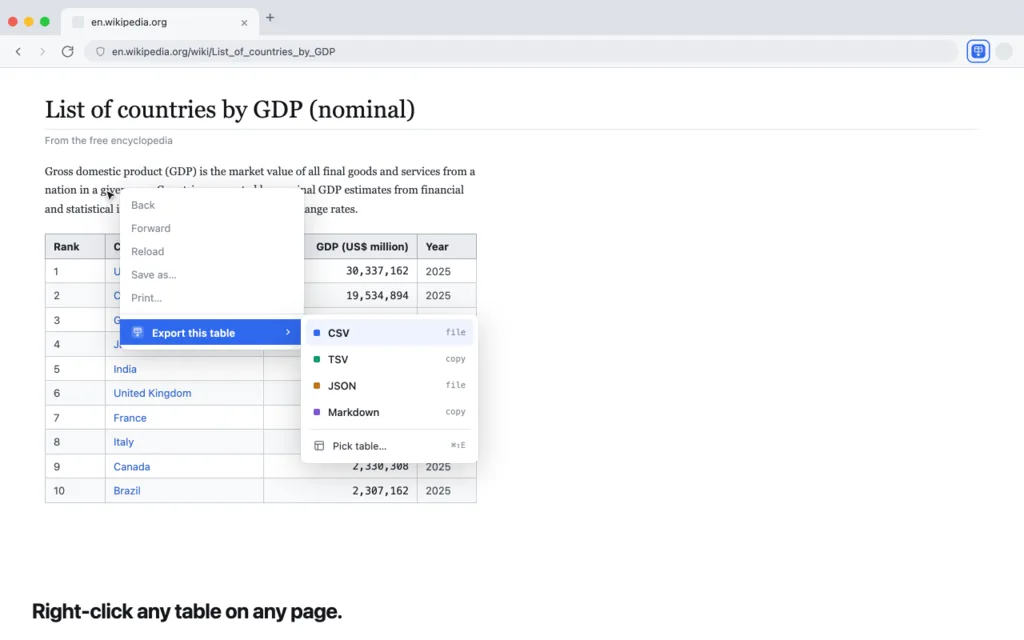 HTML Table to CSV — screenshot 1 of 3